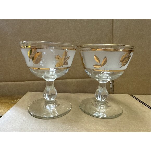 Libbey Frosted Gold Foliage 4 1/4" Vintage Sherbet Champagne Glasses Set Of 2 - Picture 1 of 8